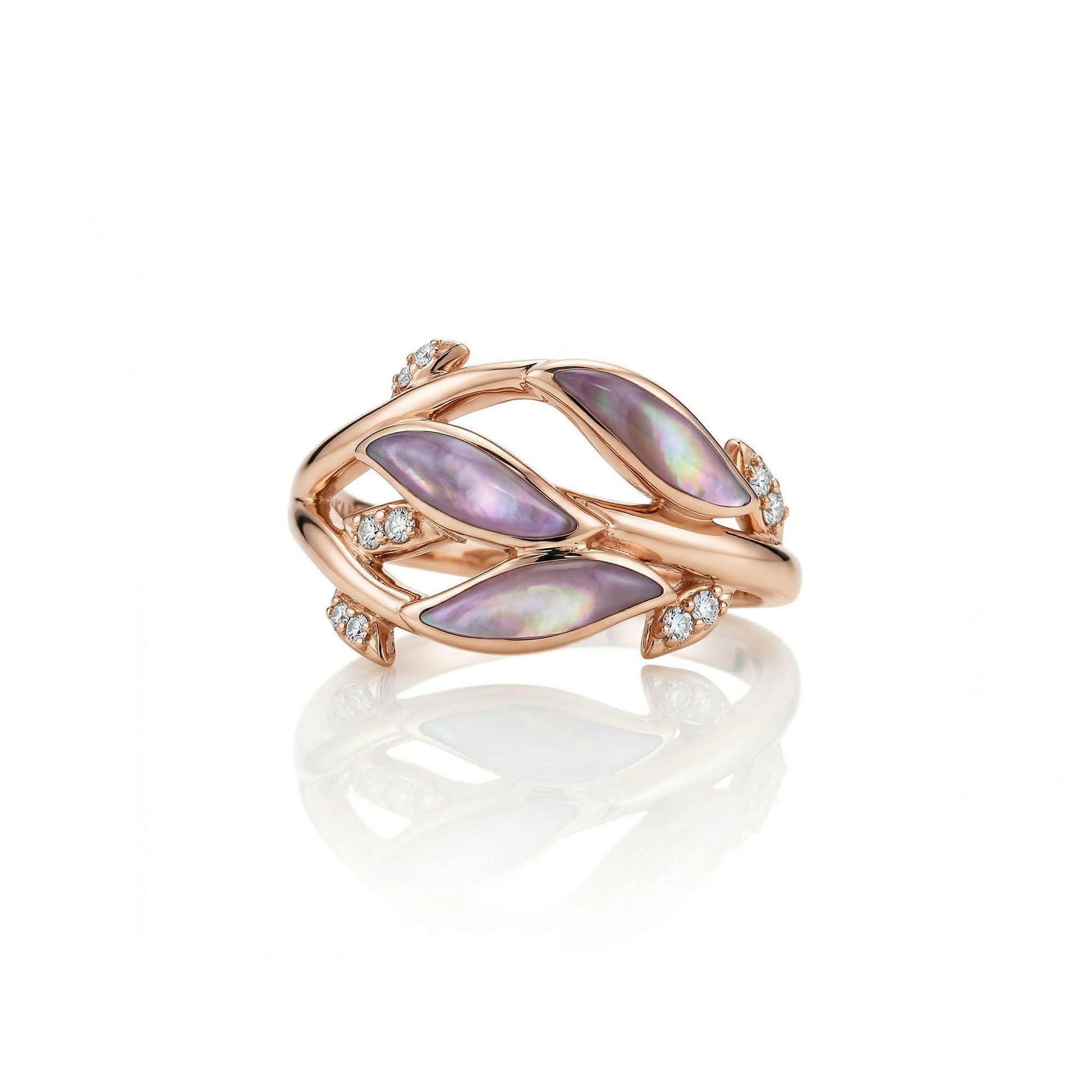 Top view of rose gold vine-leaf inspired ring, showcasing the mother of pearl inlay and diamond accents. Item No. 774186