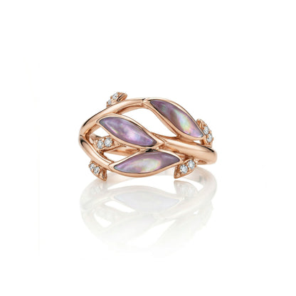 Top view of rose gold vine-leaf inspired ring, showcasing the mother of pearl inlay and diamond accents. Item No. 774186