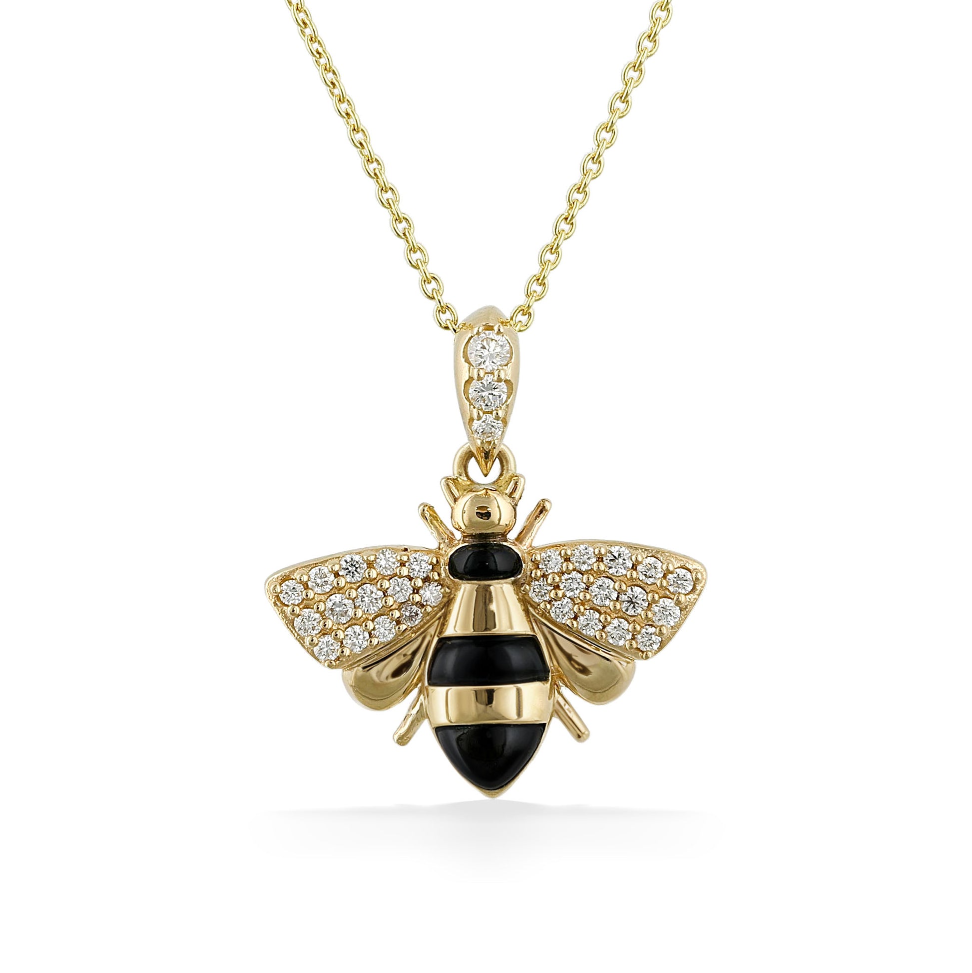 An eye-catching gold and black enamel bee pendant adorned with sparkling diamonds on its wings. Item No. 774191