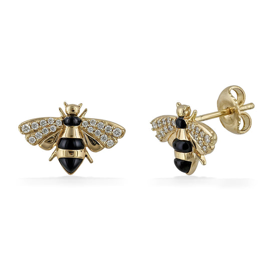 A diamond-accented bee stud features black enamel details and polished gold wings shown from the side. Item No. 774192