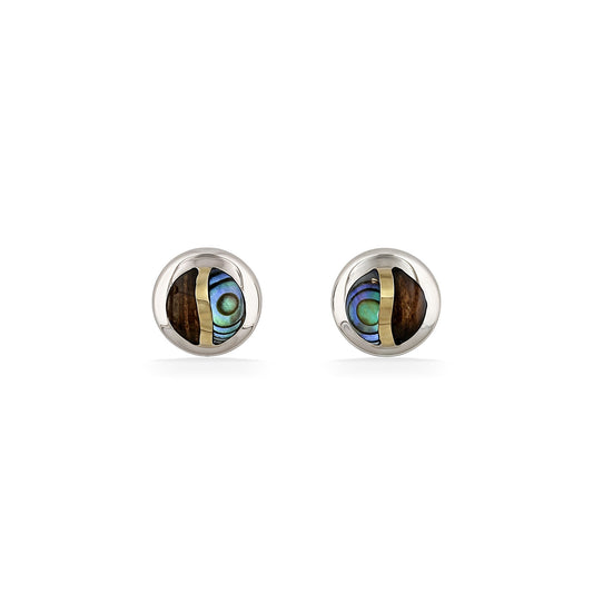 Pair of circular stud earrings inlaid with abalone, koa wood & gold accents within a polished silver setting. Item No. 45259