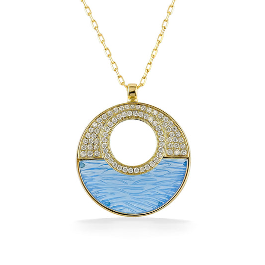 Round pendant inspired by ocean waves, featuring a textured blue topaz inlay accented by pavé-set diamonds. Item No. 774199