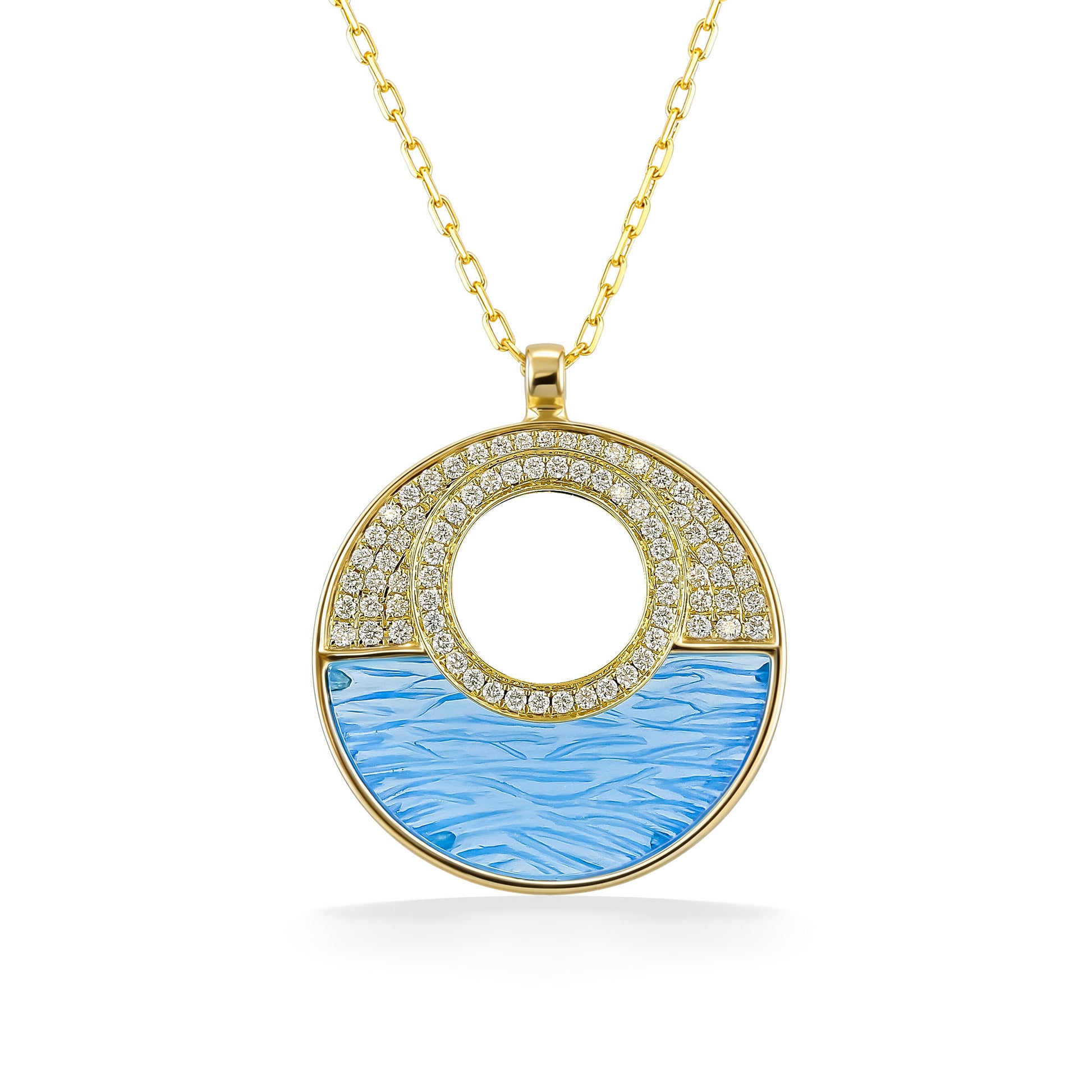 Round pendant inspired by ocean waves, featuring a textured blue topaz inlay accented by pavé-set diamonds. Item No. 774199