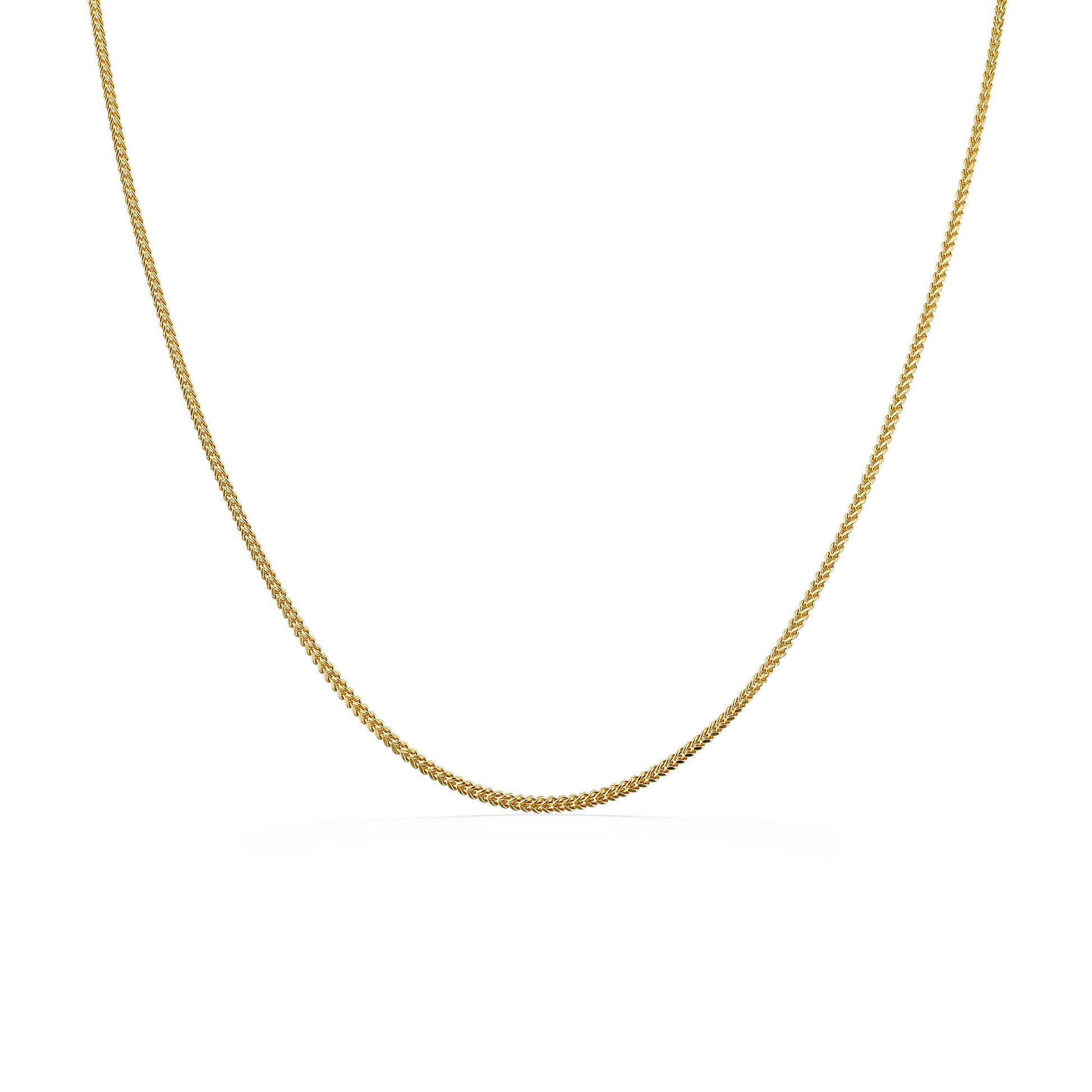 Hollow square franco chain with tightly woven links forming a smooth, flexible curve & polished gold finish. Item No. 774213
