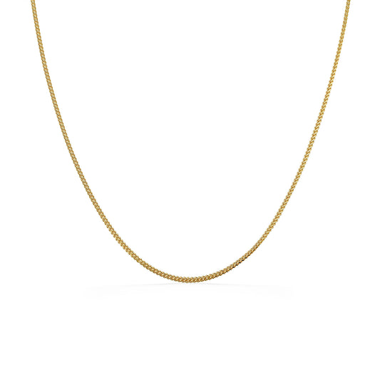 Hollow square franco chain with tightly woven links forming a smooth, flexible curve & polished gold finish. Item No. 774213