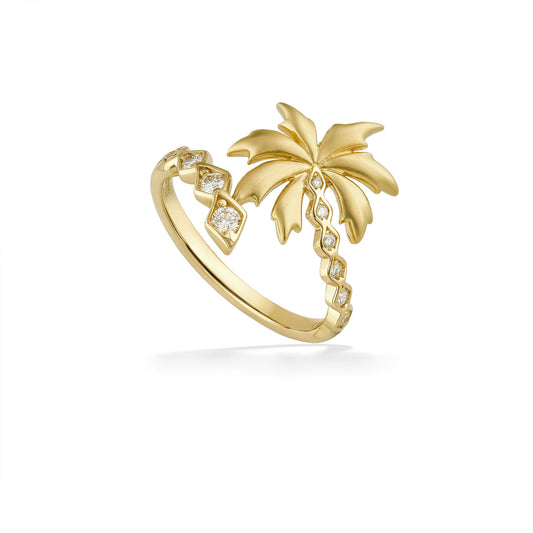 Bypass-style gold palm tree ring with matte leaves & detailed trunk featuring diamond-shaped set diamonds. Item No. 45247