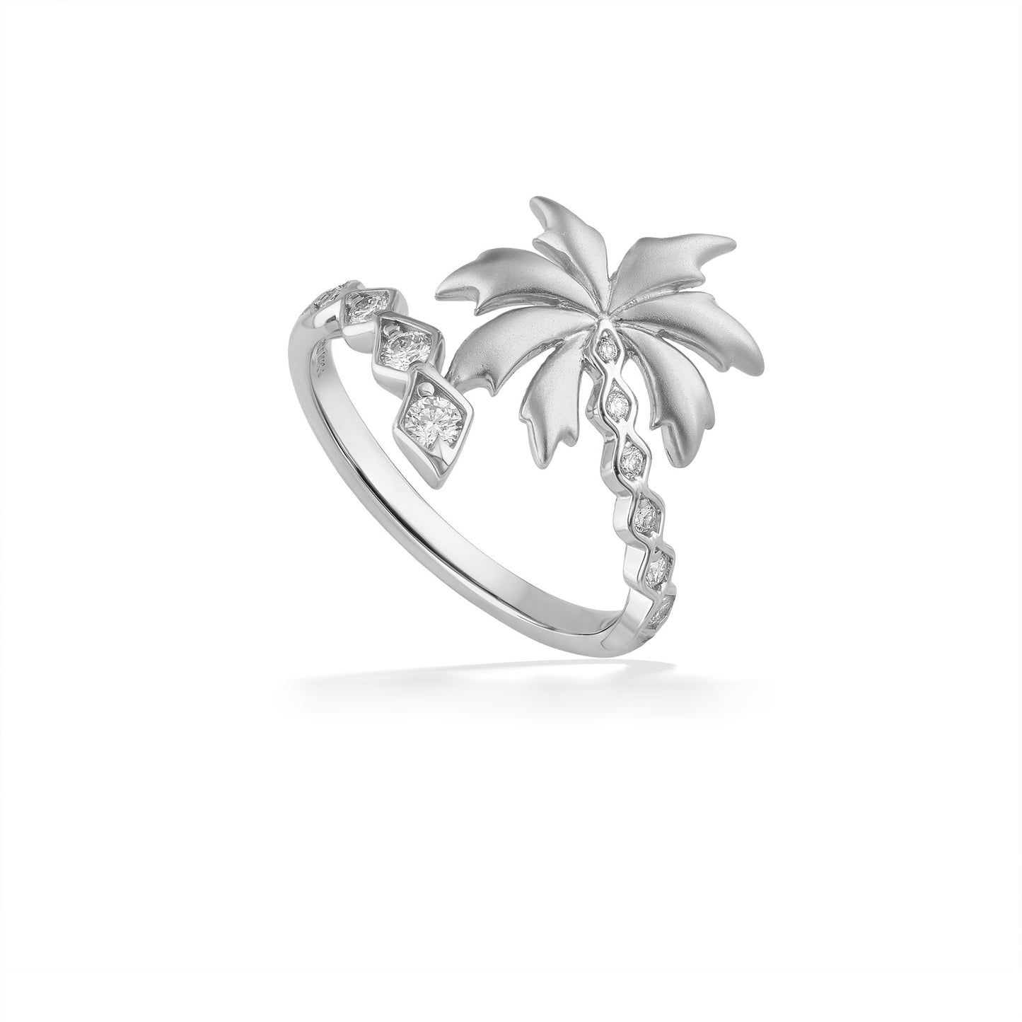 Bypass-style gold palm tree ring with matte leaves & detailed trunk featuring diamond-shaped set diamonds. Item No. 45248