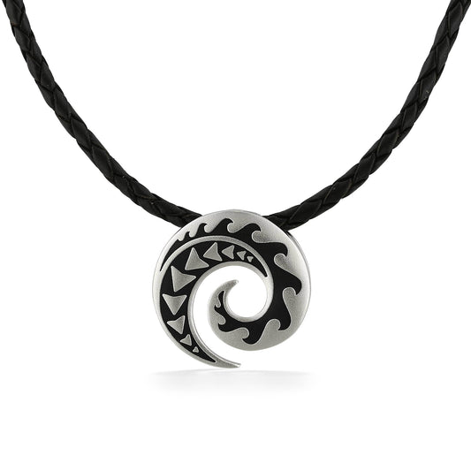 Sterling silver tattoo Piko pendant with a circular black enamel wave design on a black braided leather cord. Item No. 45265