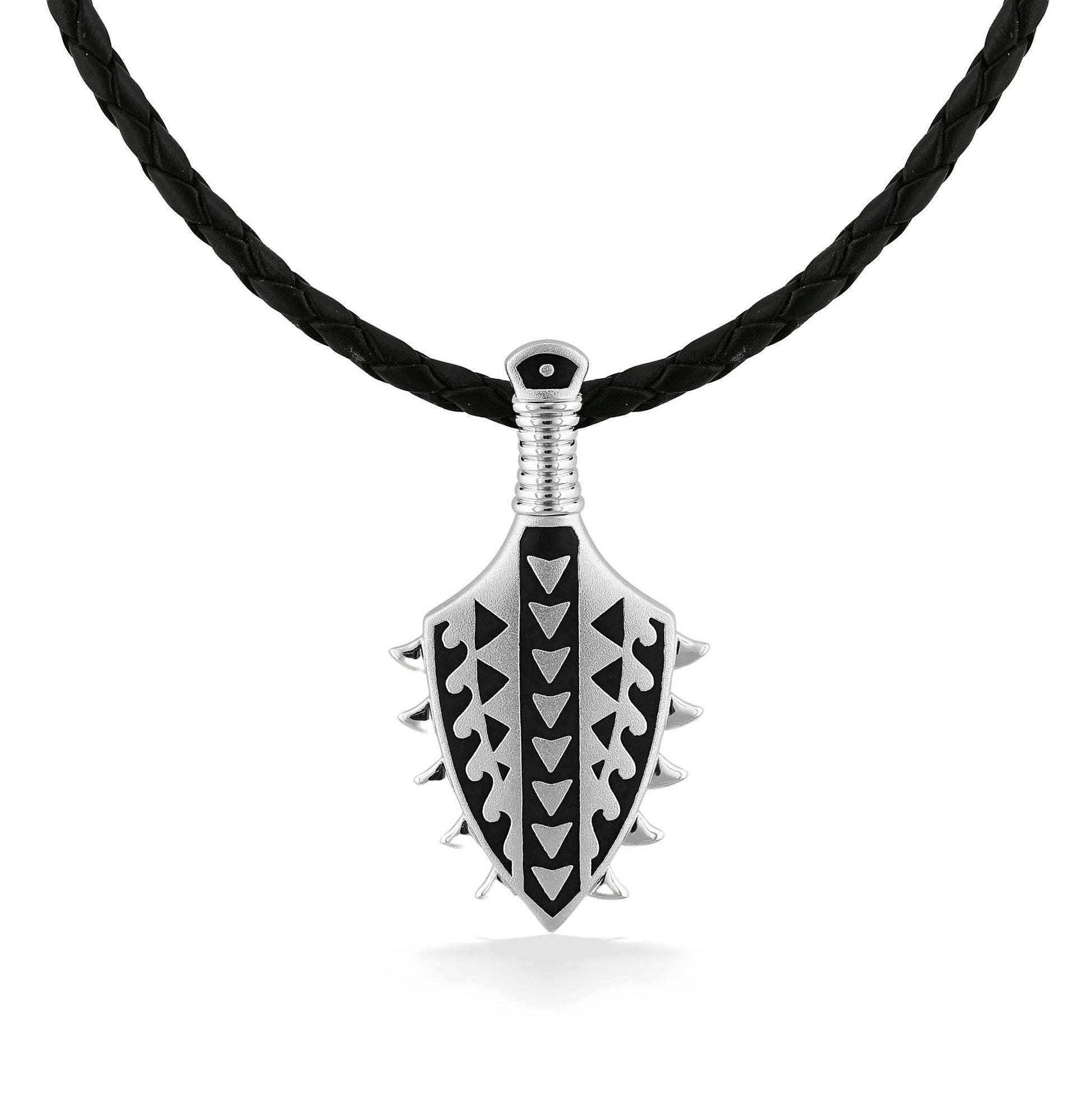 Tattoo Lei O Mano pendant in sterling silver with black enamel design, shown on a black braided leather cord. Item No. 45266