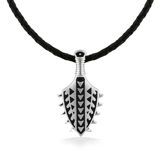 Tattoo Lei O Mano pendant in sterling silver with black enamel design, shown on a black braided leather cord. Item No. 45266