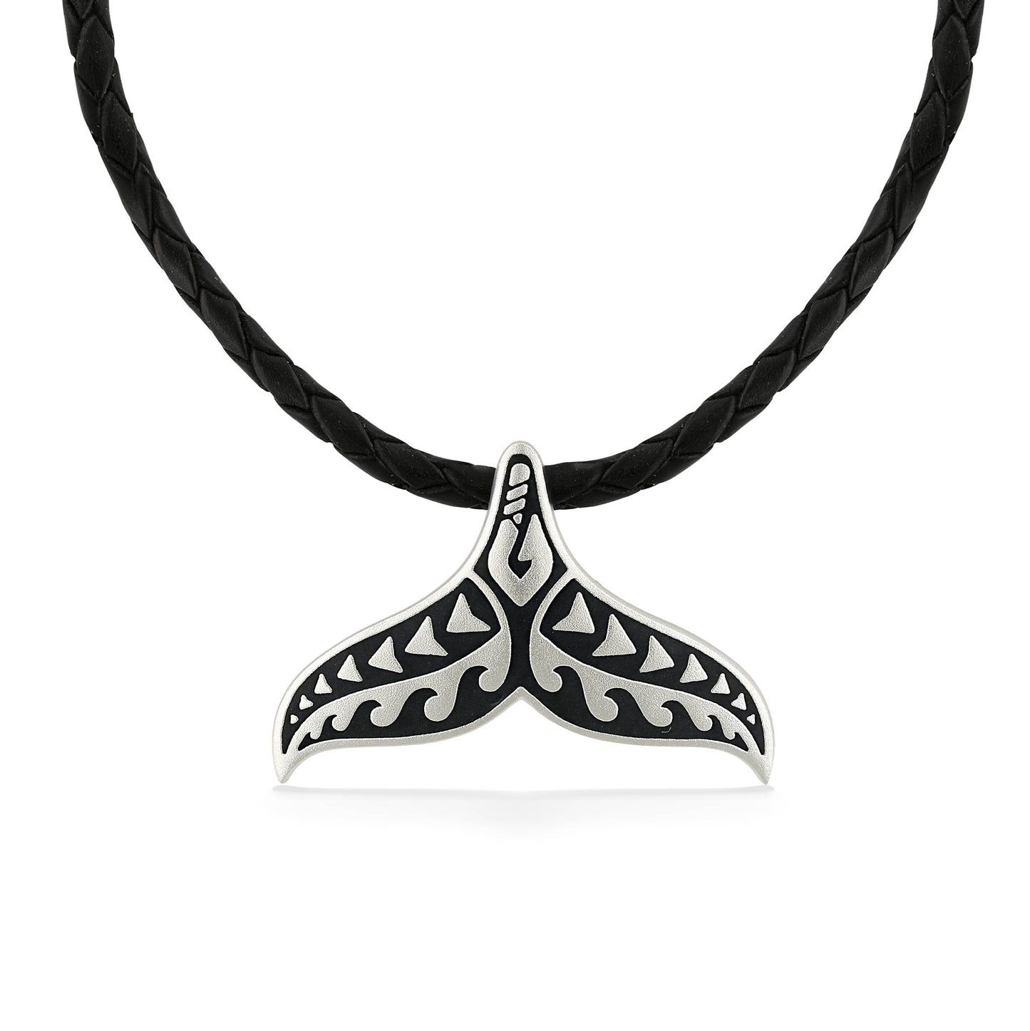 Tattoo Whale Tail pendant in sterling silver with black enamel pattern, hung on a black braided leather cord. Item No. 45267
