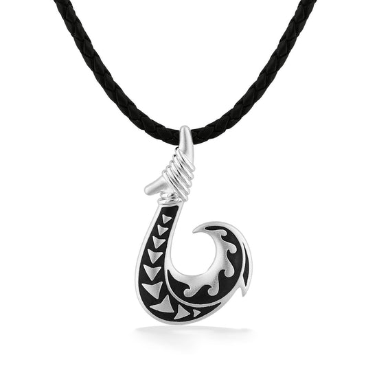 Sterling Silver tattoo Fish Hook pendant with black enamel & wrapped top, on a black braided leather cord. Item No. 45268