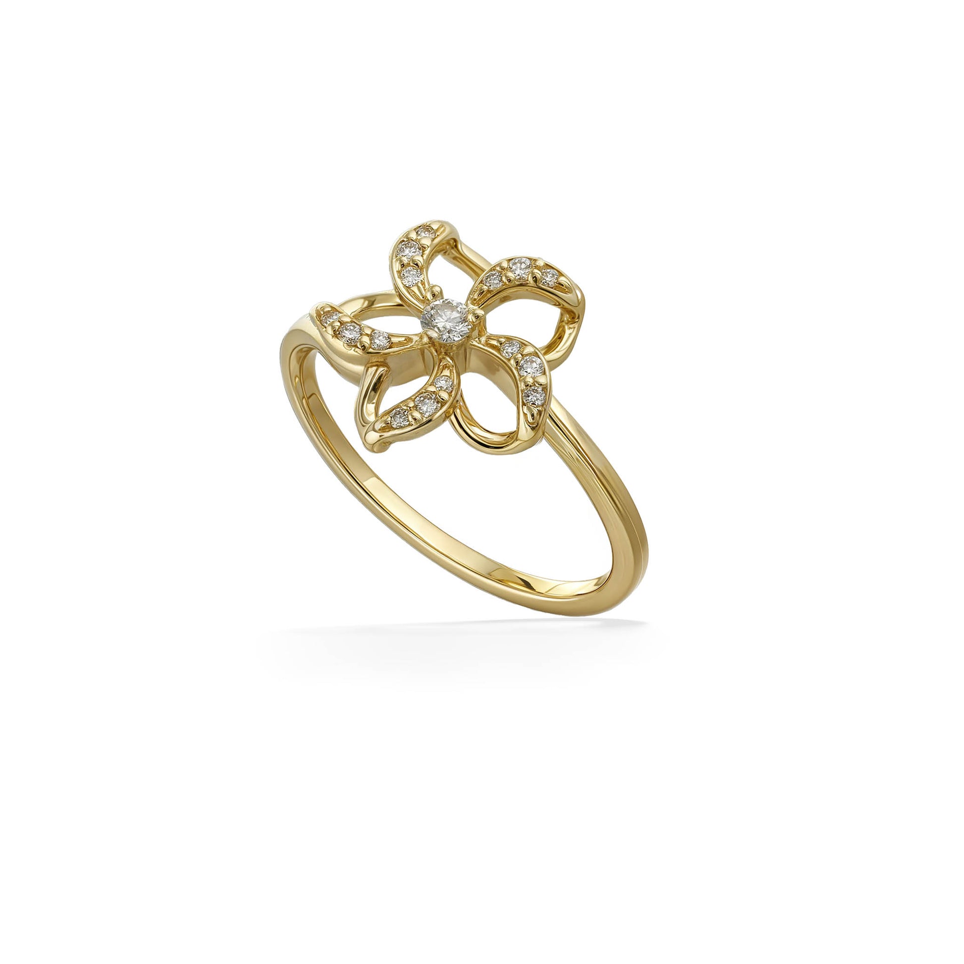 Gold ring with open petal plumeria flower design, center stone & petals pavé-set with diamonds. Item No. 45260