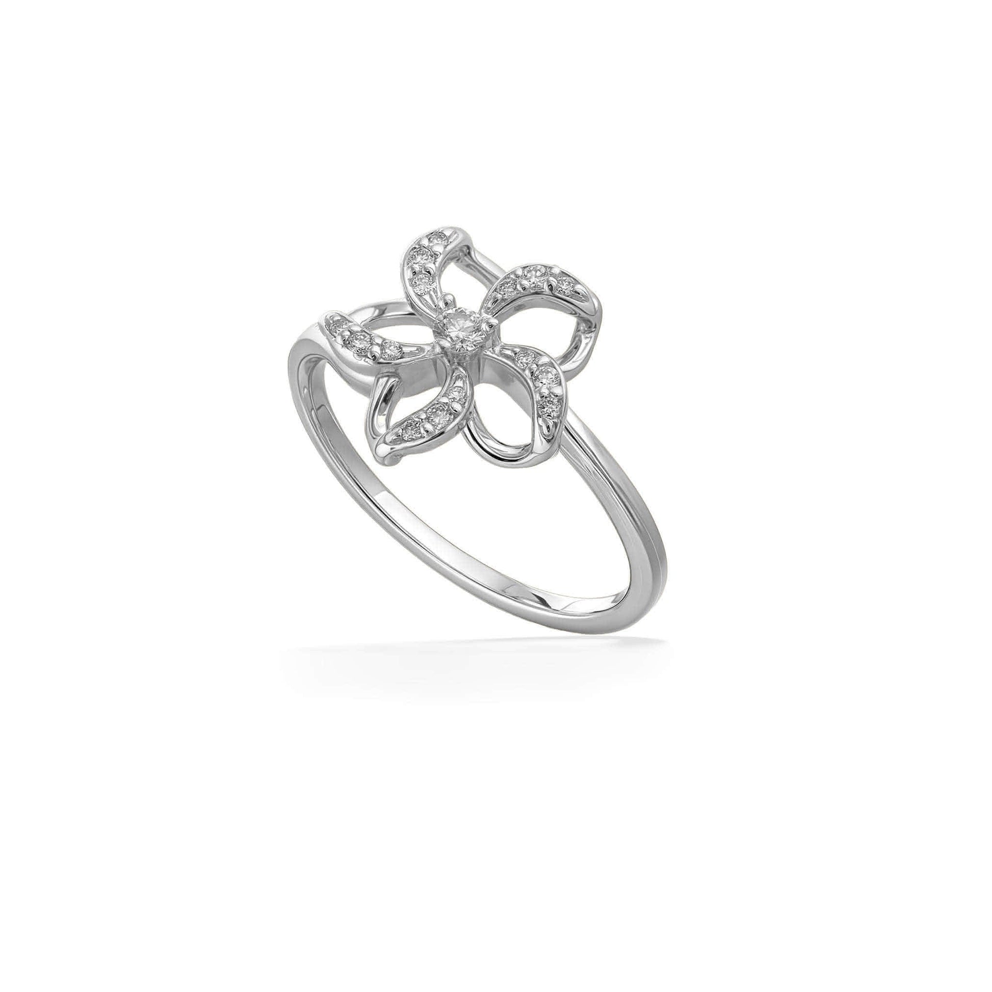 Diamond lined open floating plumeria ring made in 14K white gold with a delicate floral design. Item No. 45261
