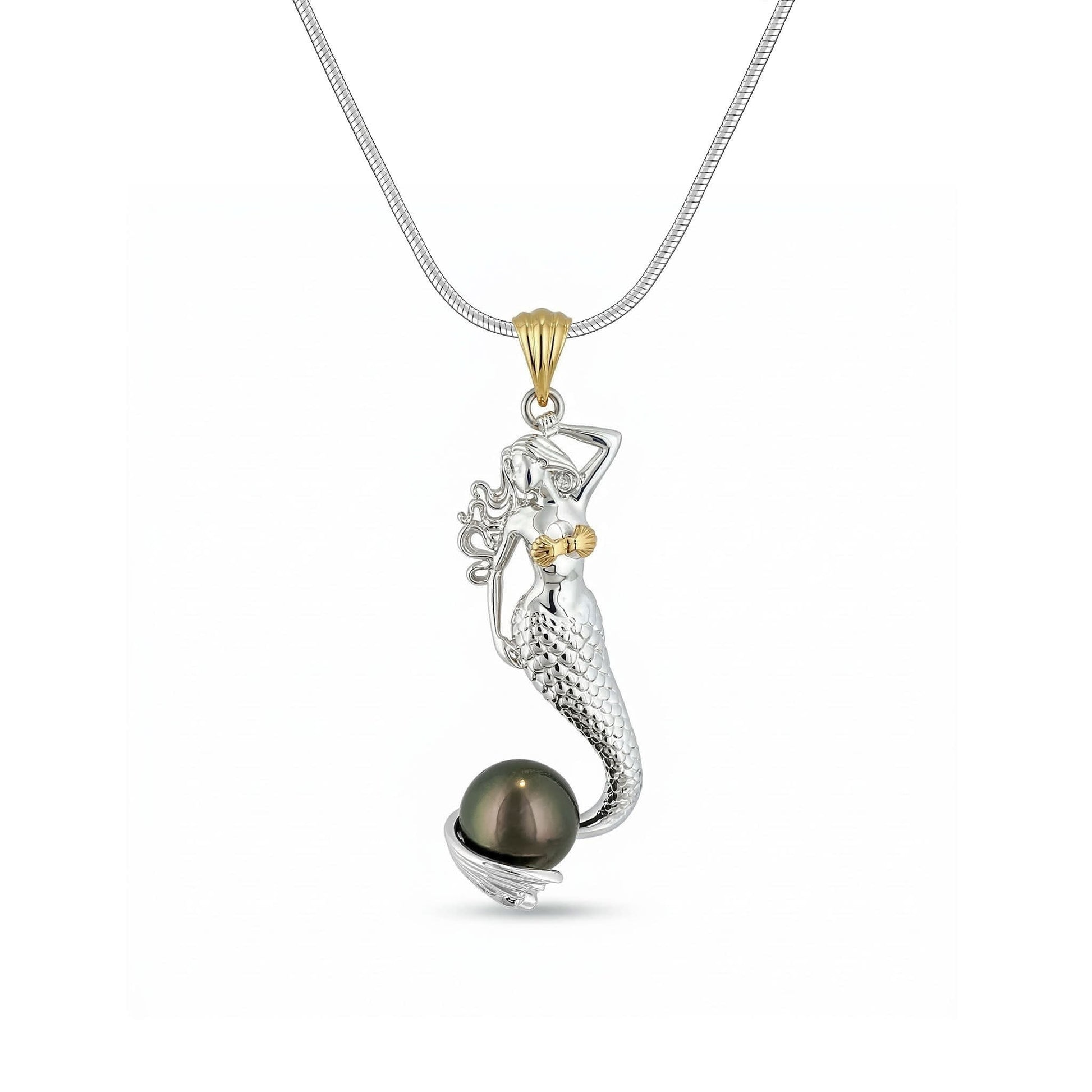 Two-tone mermaid pendant necklace with sculpted sterling silver figure holding a tahitian pearl accent. Item No. 45264