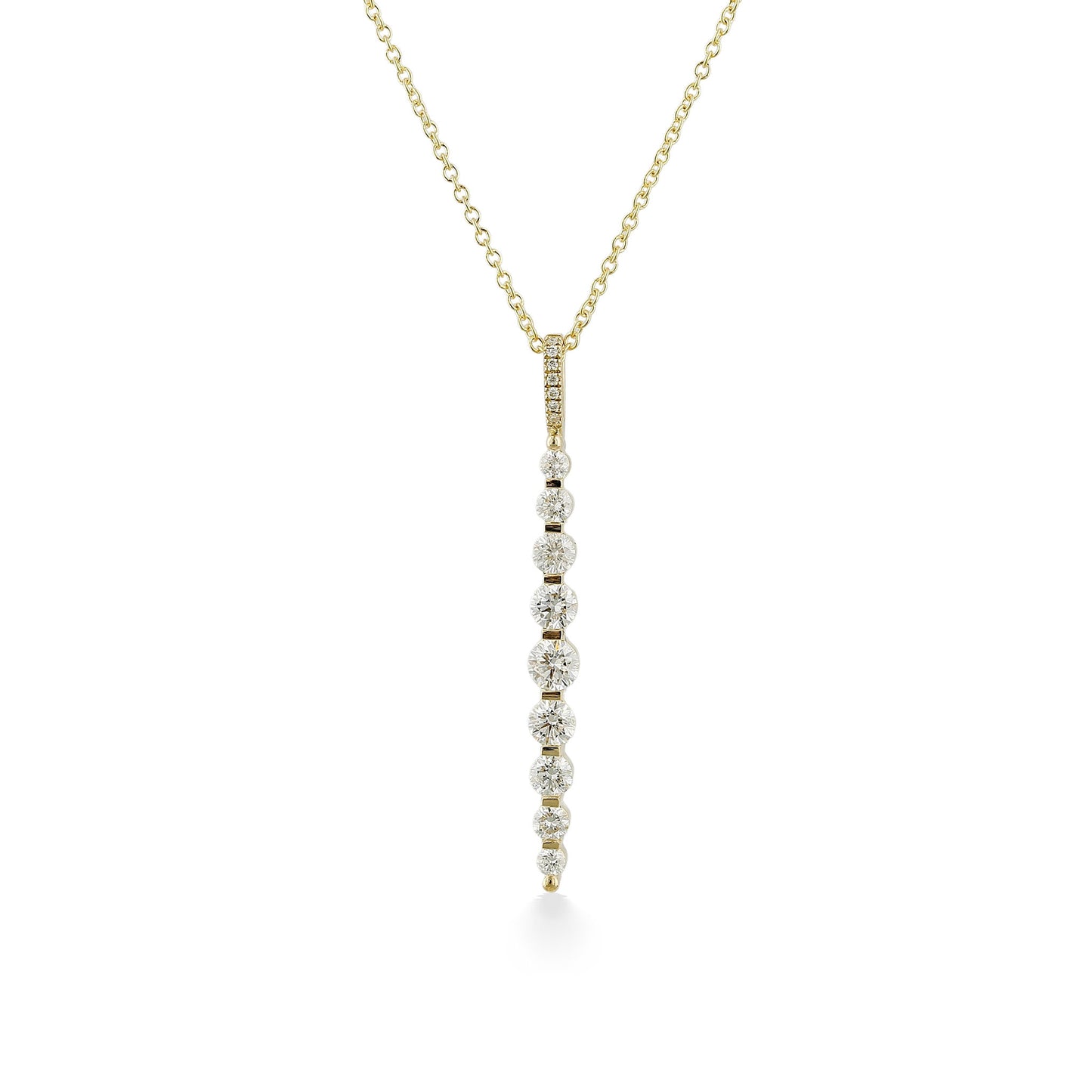 A sleek yellow gold necklace featuring a vertical drop pendant lined with a graduated row of sparkling diamonds. Item 774224