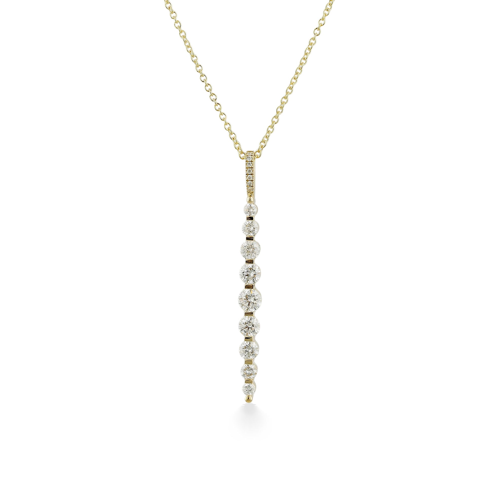 A sleek yellow gold necklace featuring a vertical drop pendant lined with a graduated row of sparkling diamonds. Item 774224