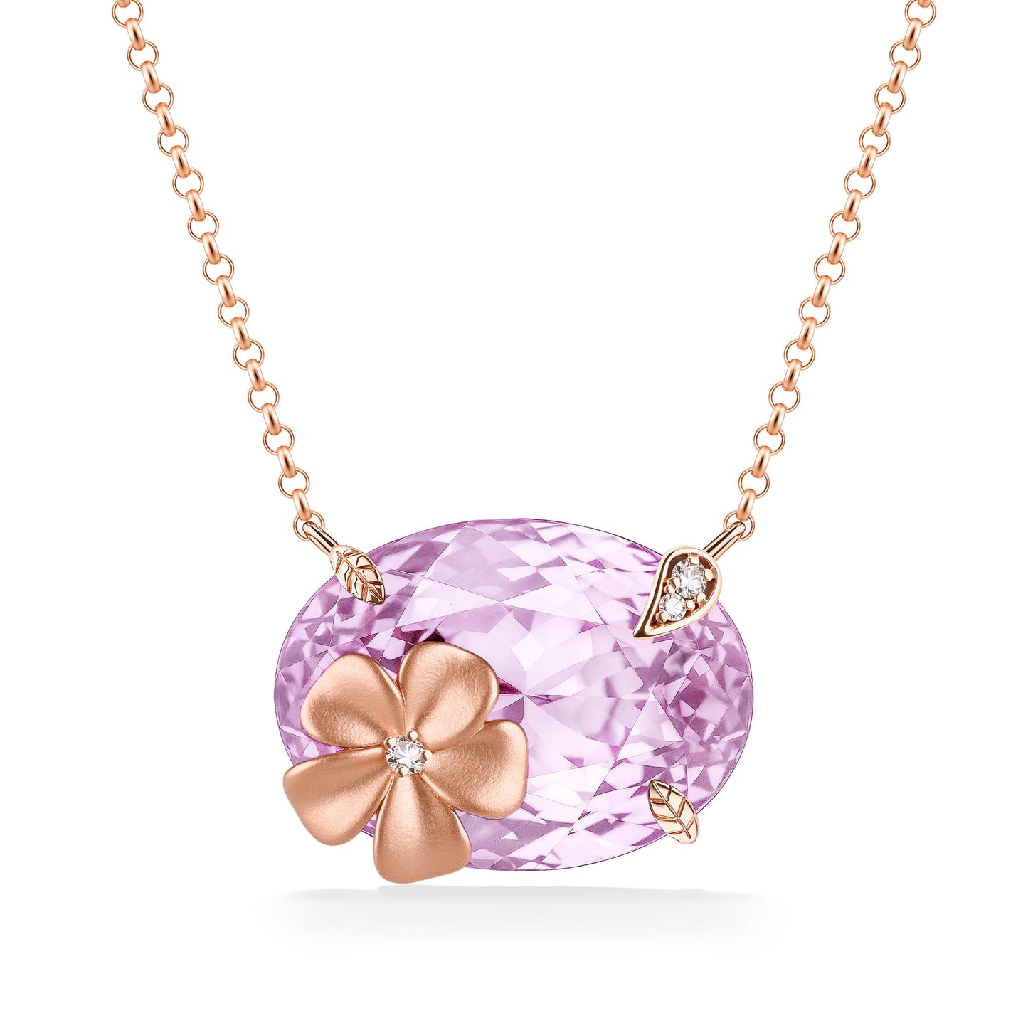 Pink amethyst necklace with a sandblasted rose gold plumeria, rose gold leaves & diamond accents. Item No. 774226