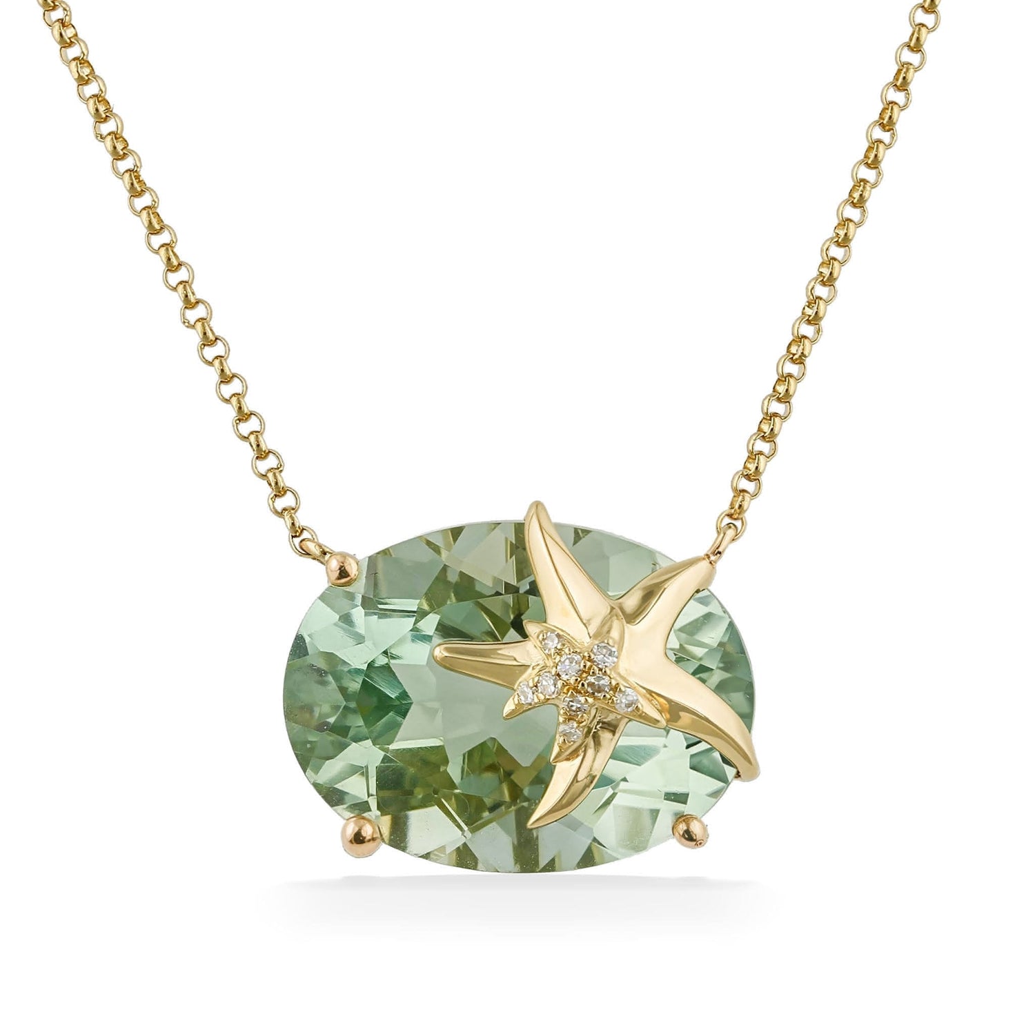 A yellow gold necklace with oval Prasiolite gemstone adorned with polished starfish & small diamond starfish. Item No. 774227