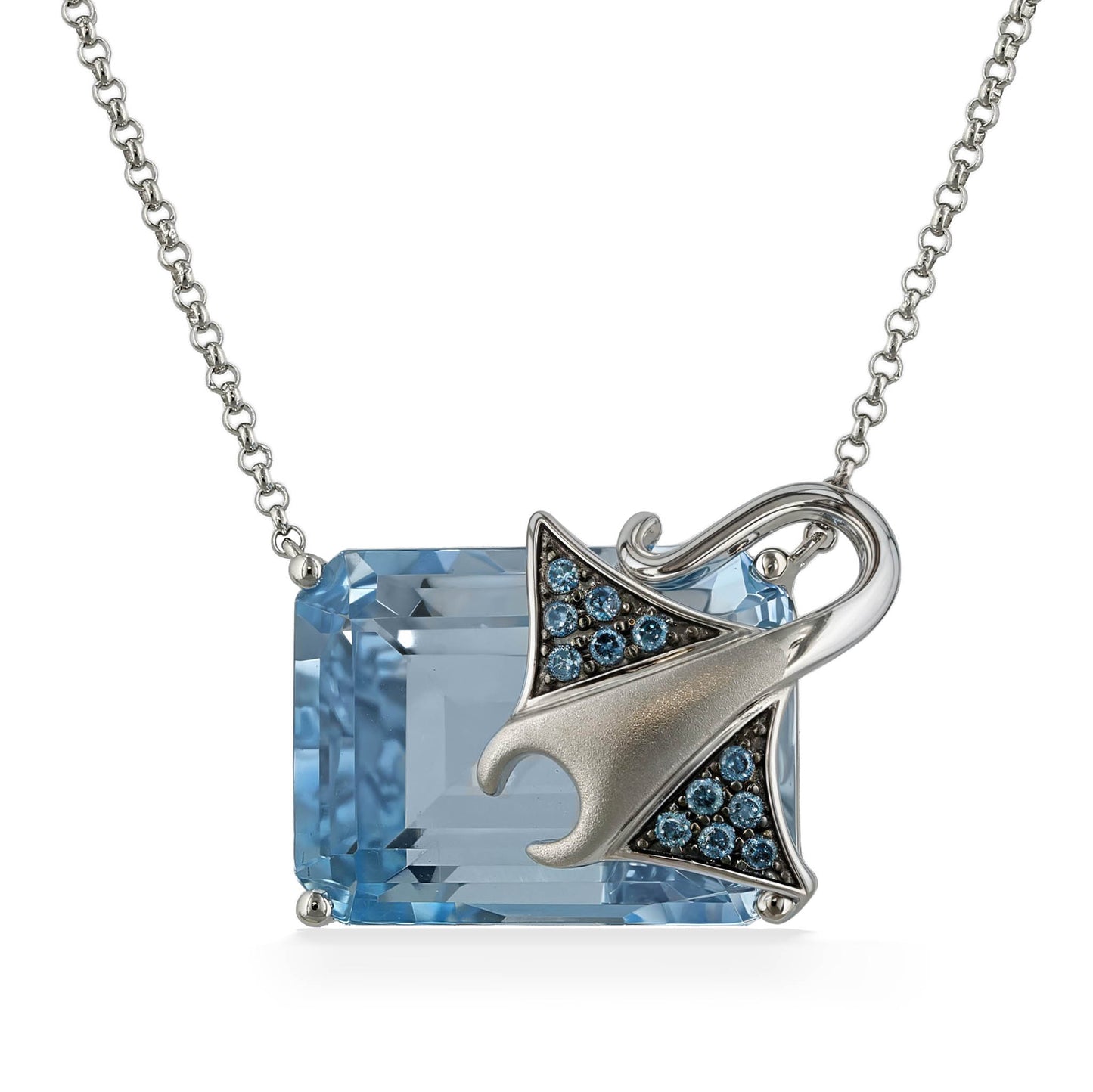 Rectangular sky blue topaz gemstone, white gold necklace enhanced by a manta ray motif with blue diamonds. Item No. 774228