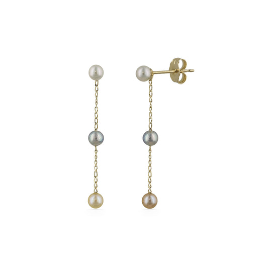 Drop earrings displaying 3 multi-color akoya pearls suspended along a delicate yellow gold chain. Item No. 224420