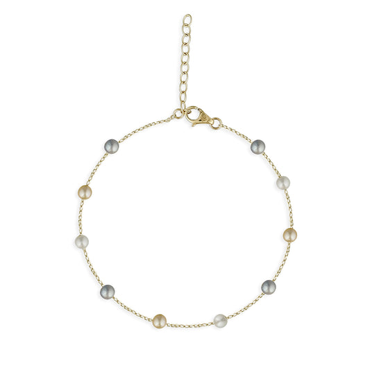 Elegant 14K yellow gold station bracelet adorned with multicolor Akoya pearls spaced along a delicate chain. Item No. 224425