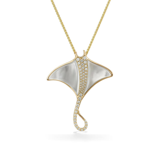 A graceful manta ray pendant crafted in gold with mother-of-pearl wings & center line of sparkling diamonds. Item No. 774254