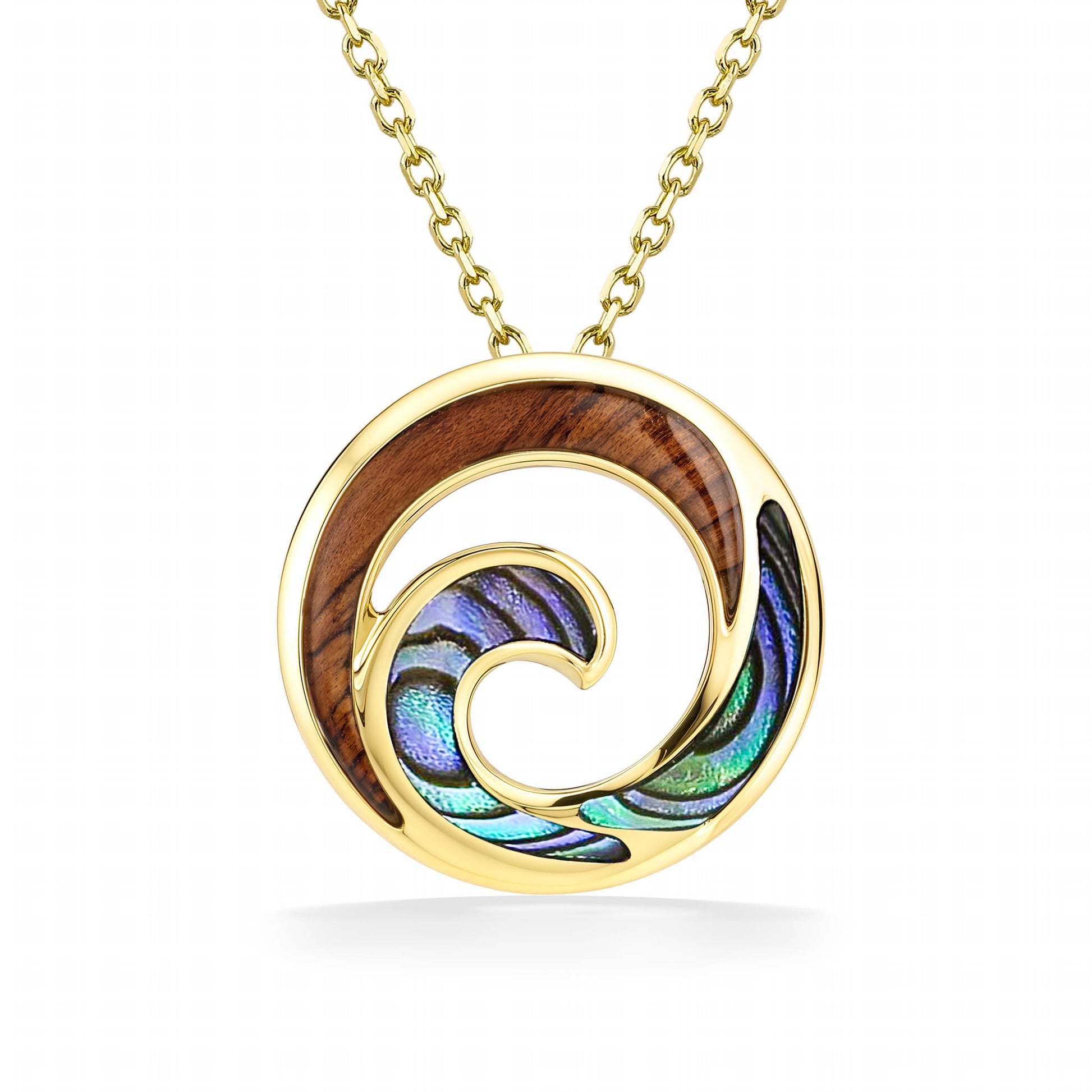 Sophisticated circle pendant with wave design, made in 14K yellow gold with abalone and koa wood inlay. Item No. 45273