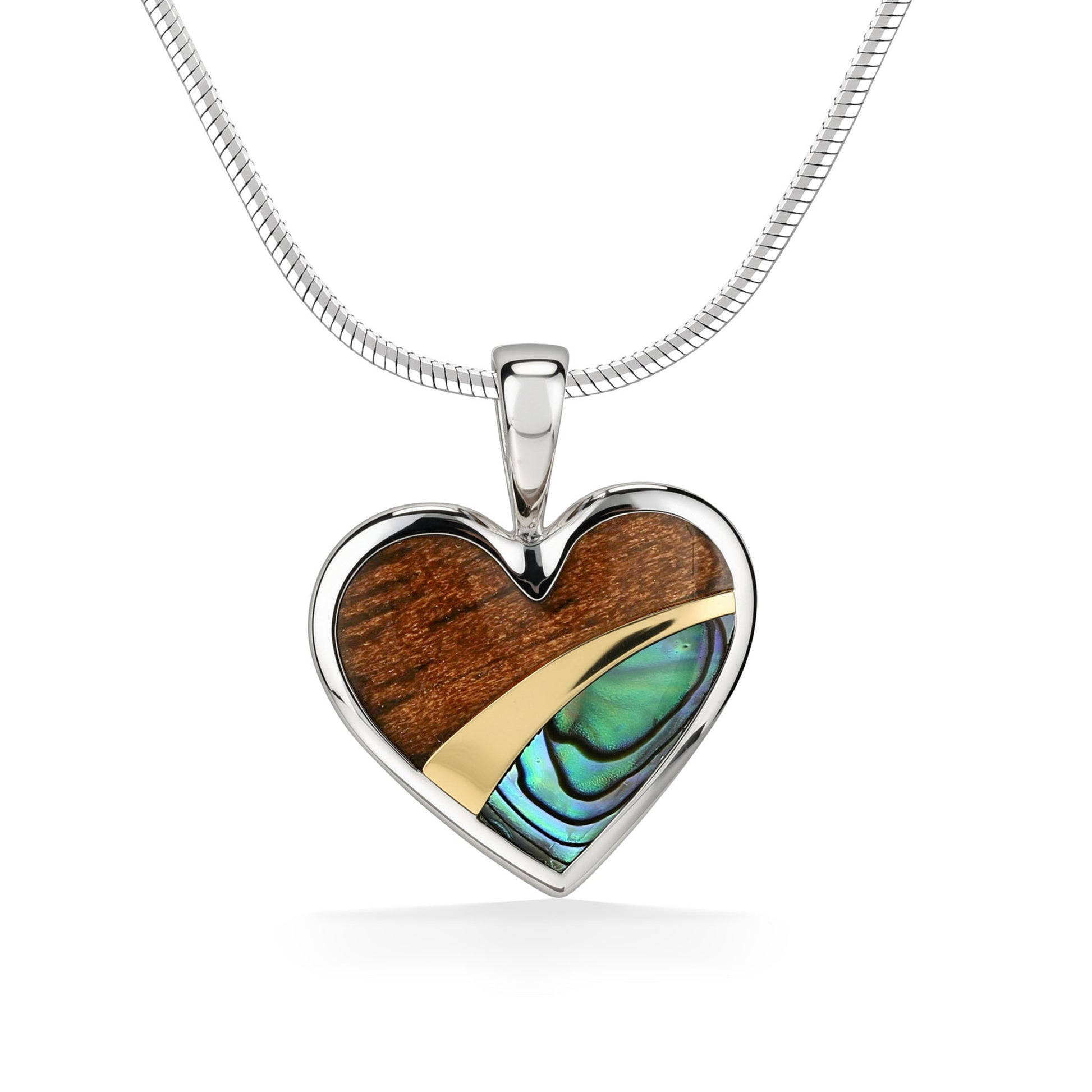 Heart-shaped pendant in sterling silver with koa wood & abalone inlay divided horizontally by 18k gold accent. Item No. 45274