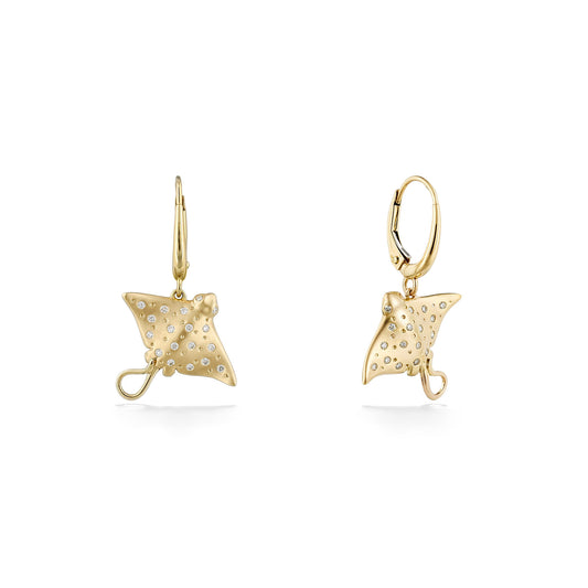 Dangling manta ray earrings in yellow gold with diamond accents, slight angle view to display the leverbacks. Item No. 45229