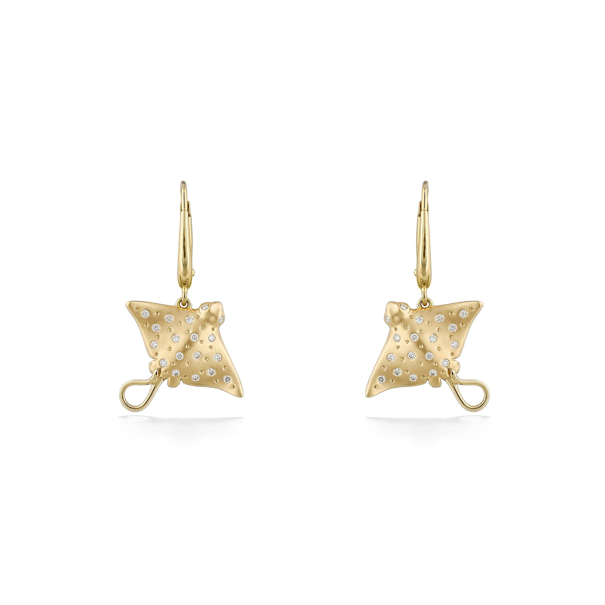 Matching yellow gold manta ray earrings with diamond details; front-facing to show symmetrical design. Item No. 45229