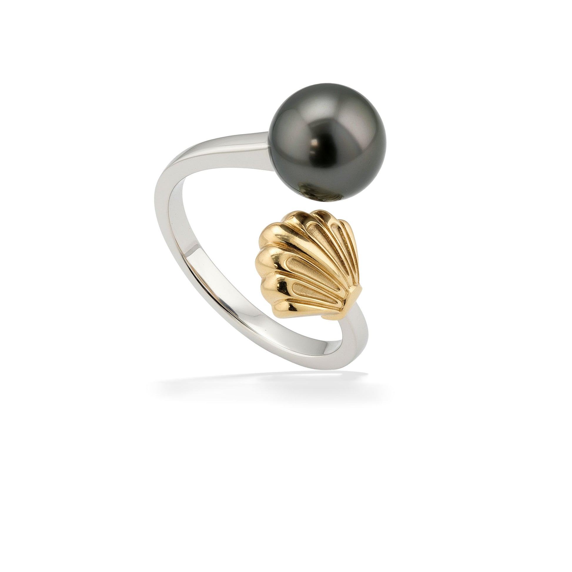 Sterling silver open ring with a Tahitian pearl & yellow gold seashell in a modern coastal-inspired design. Item No. 45276