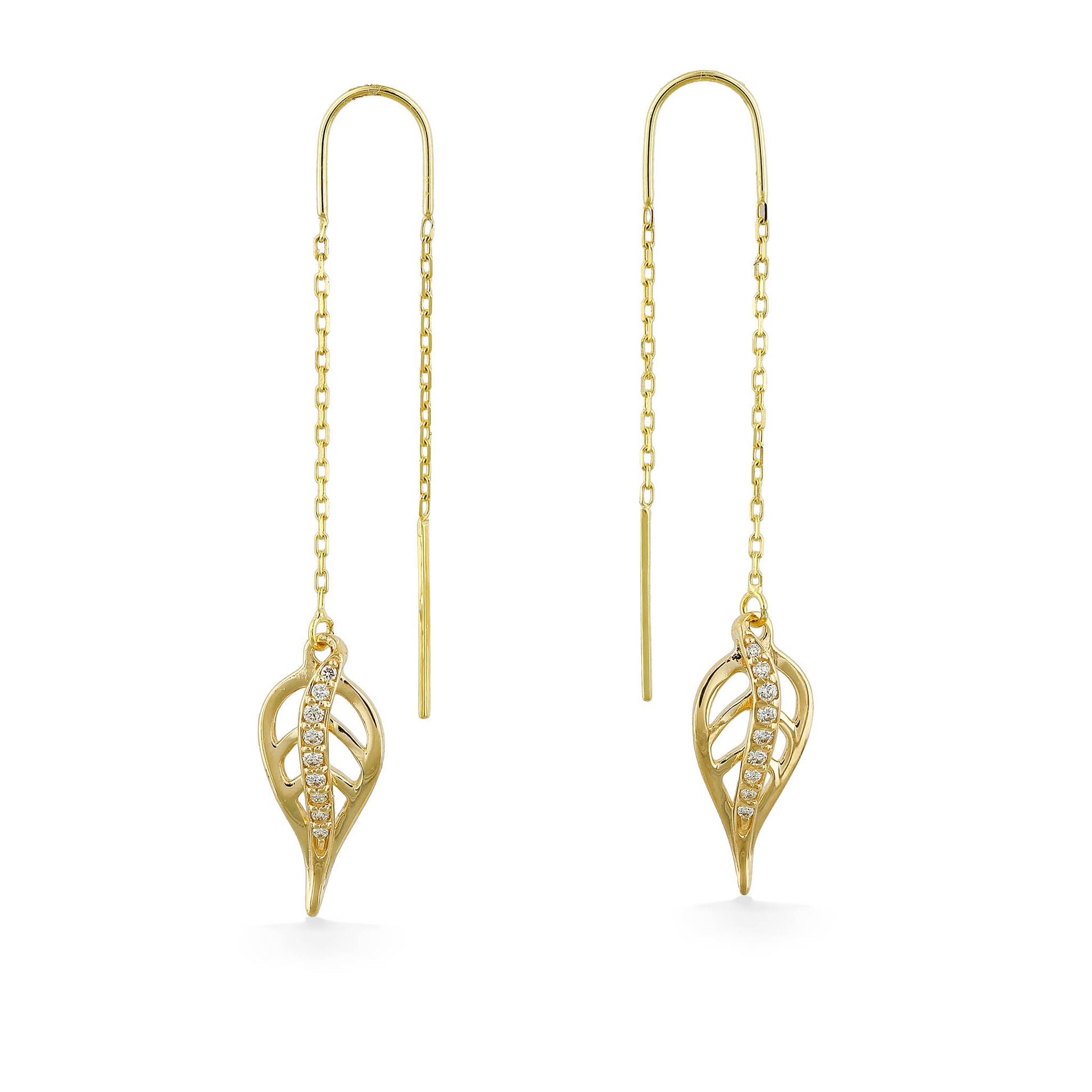 14k yellow gold threader earrings featuring open leaf-shaped maile leaves with a row of sparkling diamonds. Item No. 45277