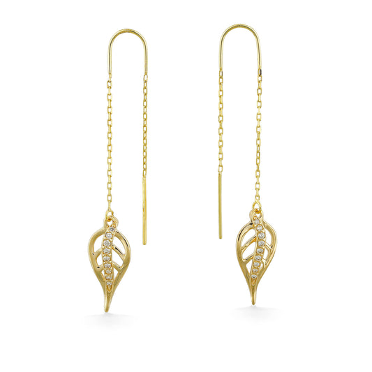 14k yellow gold threader earrings featuring open leaf-shaped maile leaves with a row of sparkling diamonds. Item No. 45277