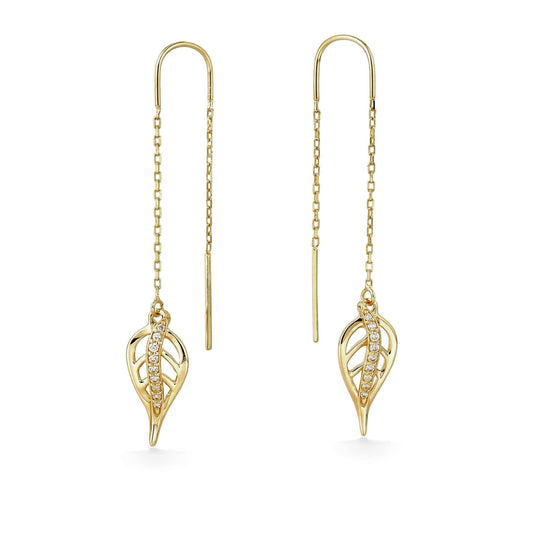 14k yellow gold threader earrings featuring open leaf-shaped maile leaves with a row of sparkling diamonds. Item No. 45277