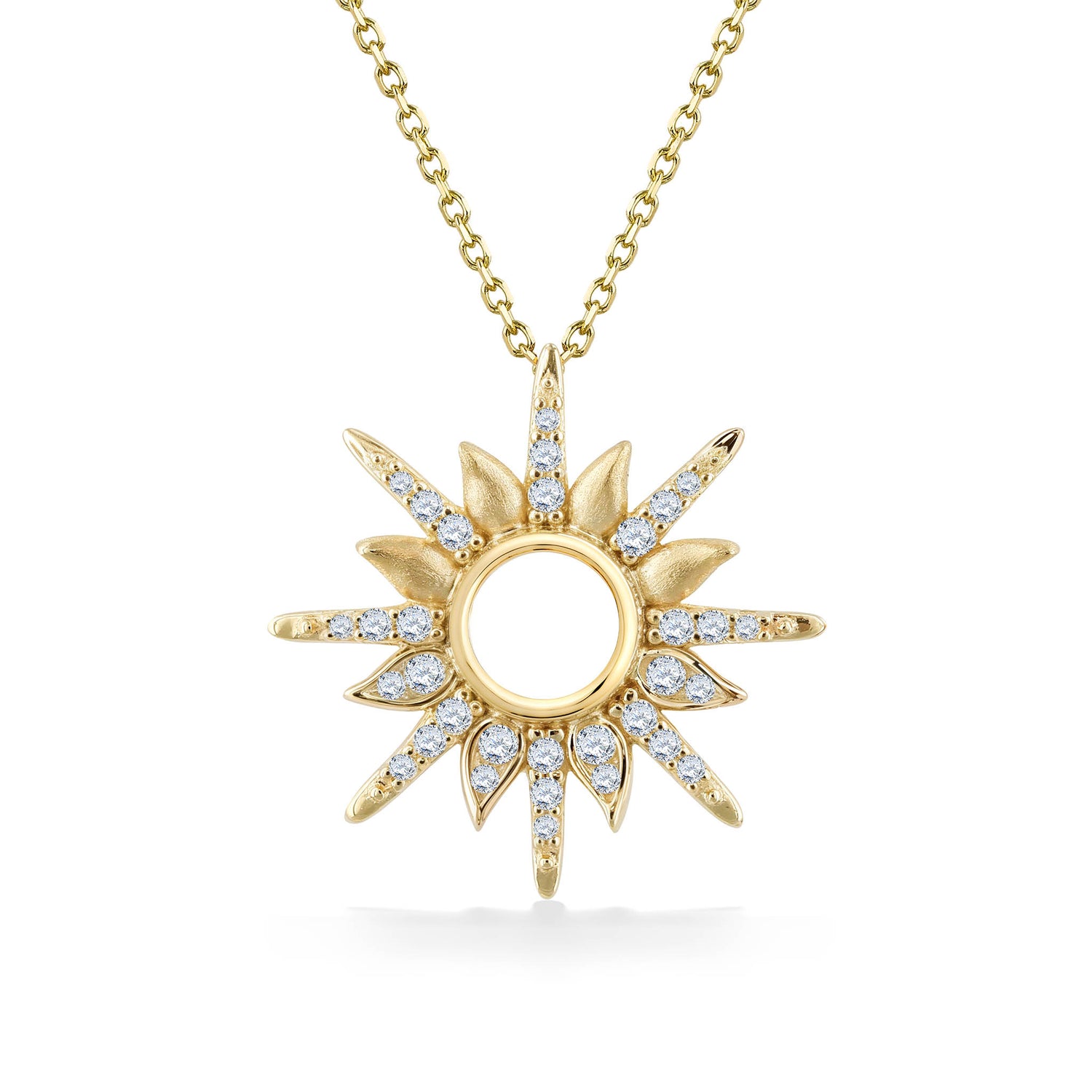 14k yellow gold sunburst pendant featuring alternating polished & diamond-set rays encircling an open center. Item No. 45280