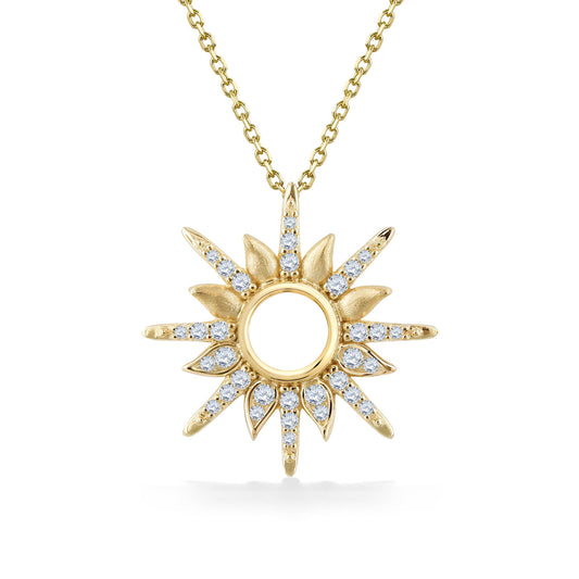14k yellow gold sunburst pendant featuring alternating polished & diamond-set rays encircling an open center. Item No. 45280