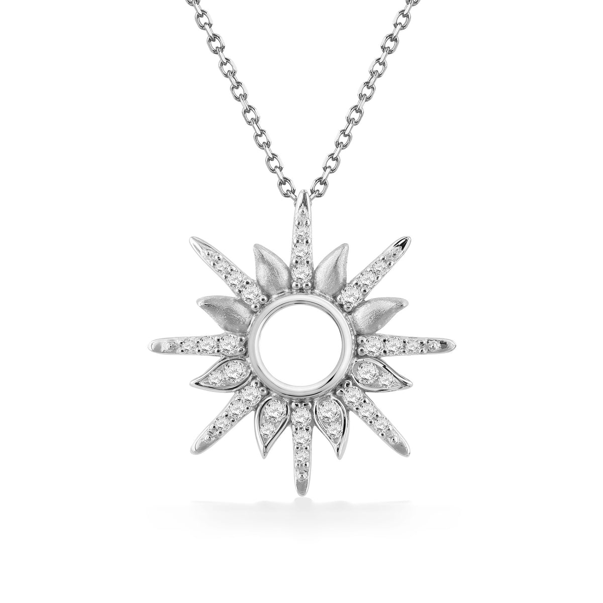 White gold diamond sunburst pendant with an open circular center & alternating polished & pavé diamond rays. Item No. 45284