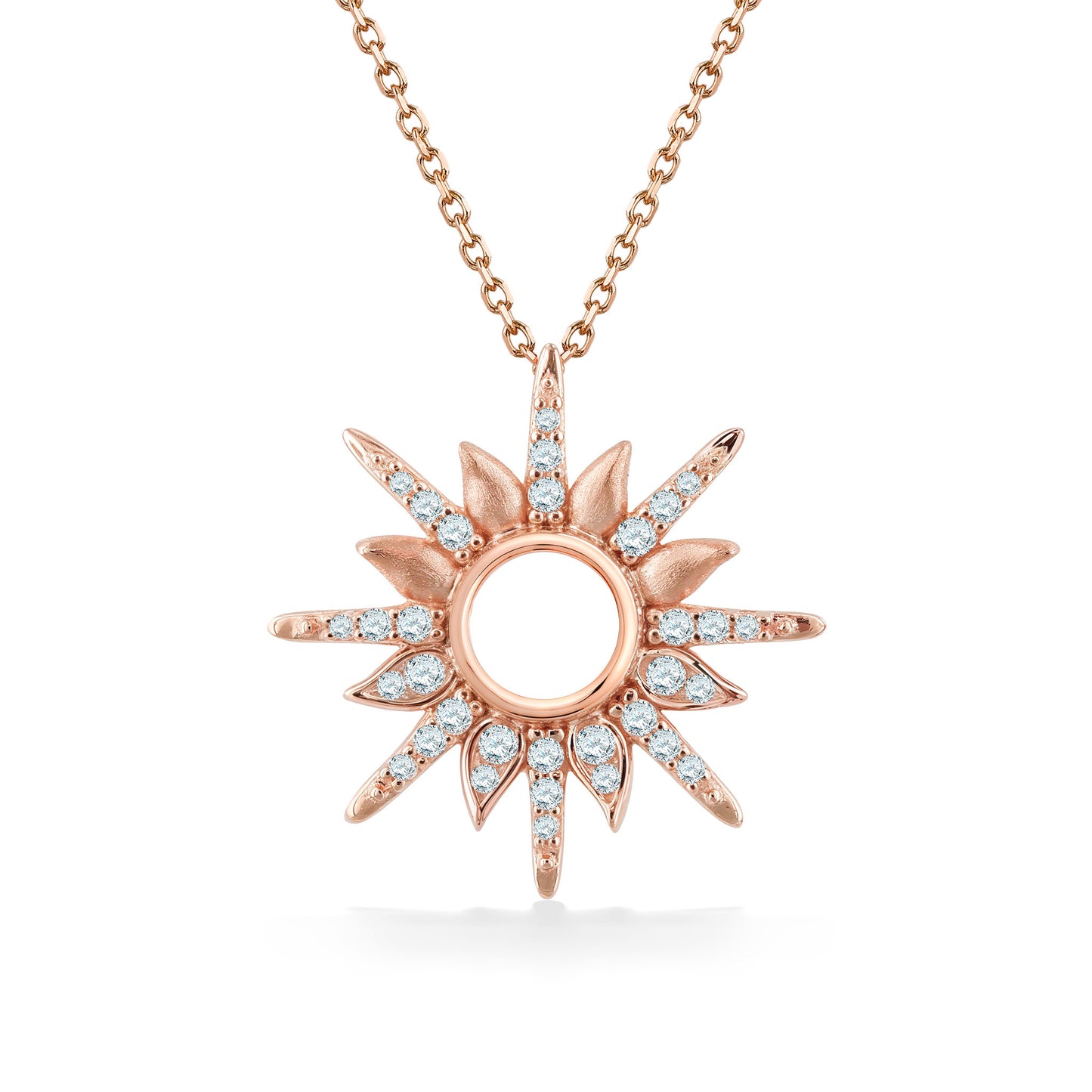 Rose gold diamond sunburst pendant with white diamonds radiating from circular open center on matching chain. Item No. 45285