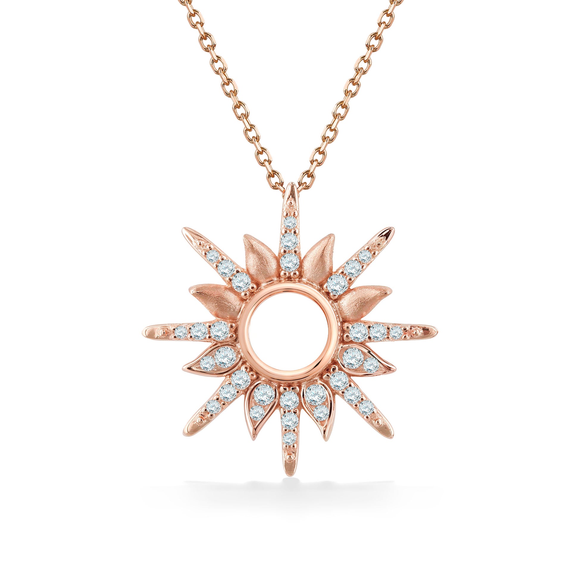 Rose gold diamond sunburst pendant with white diamonds radiating from circular open center on matching chain. Item No. 45285