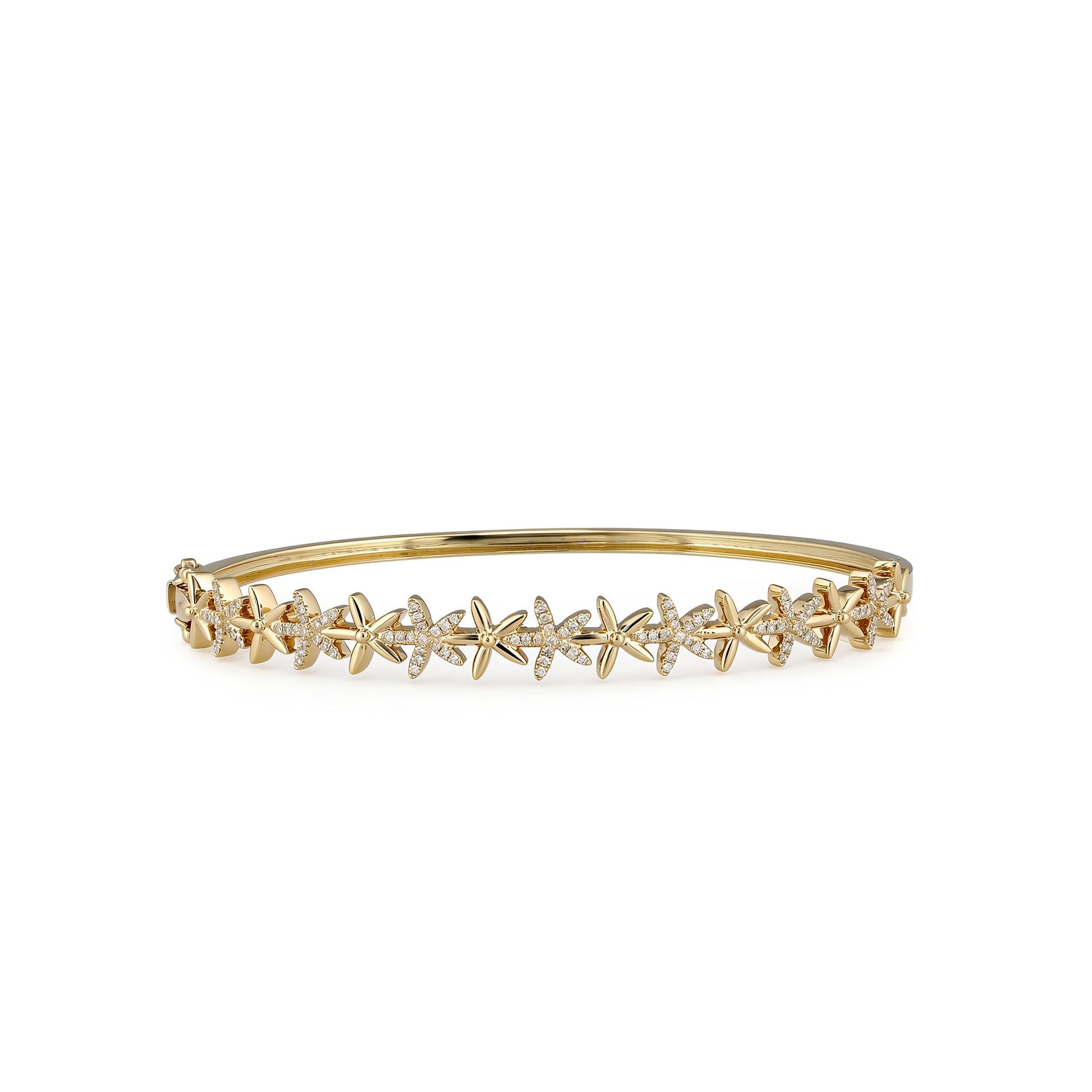 Flower hinged bangle made in 14K yellow gold with alternating diamond accented and matte flowers. Item No. 774274