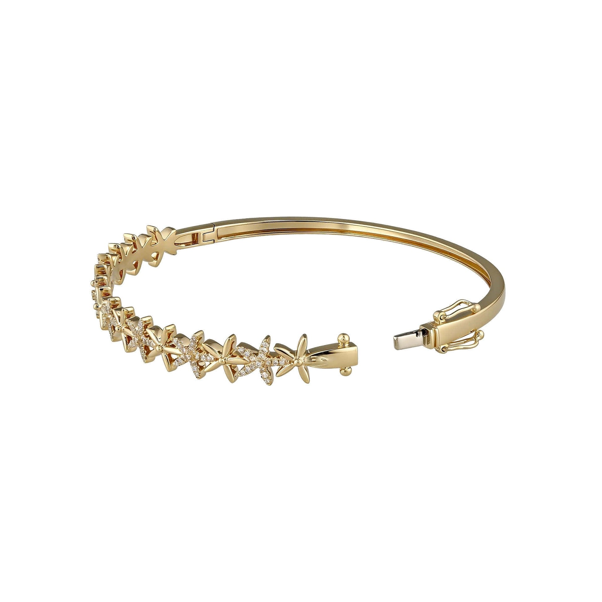 Hinged gold flower bangle bracelet with diamond accents, focusing on the 14k white gold tongue of the clasp. Item No. 774274