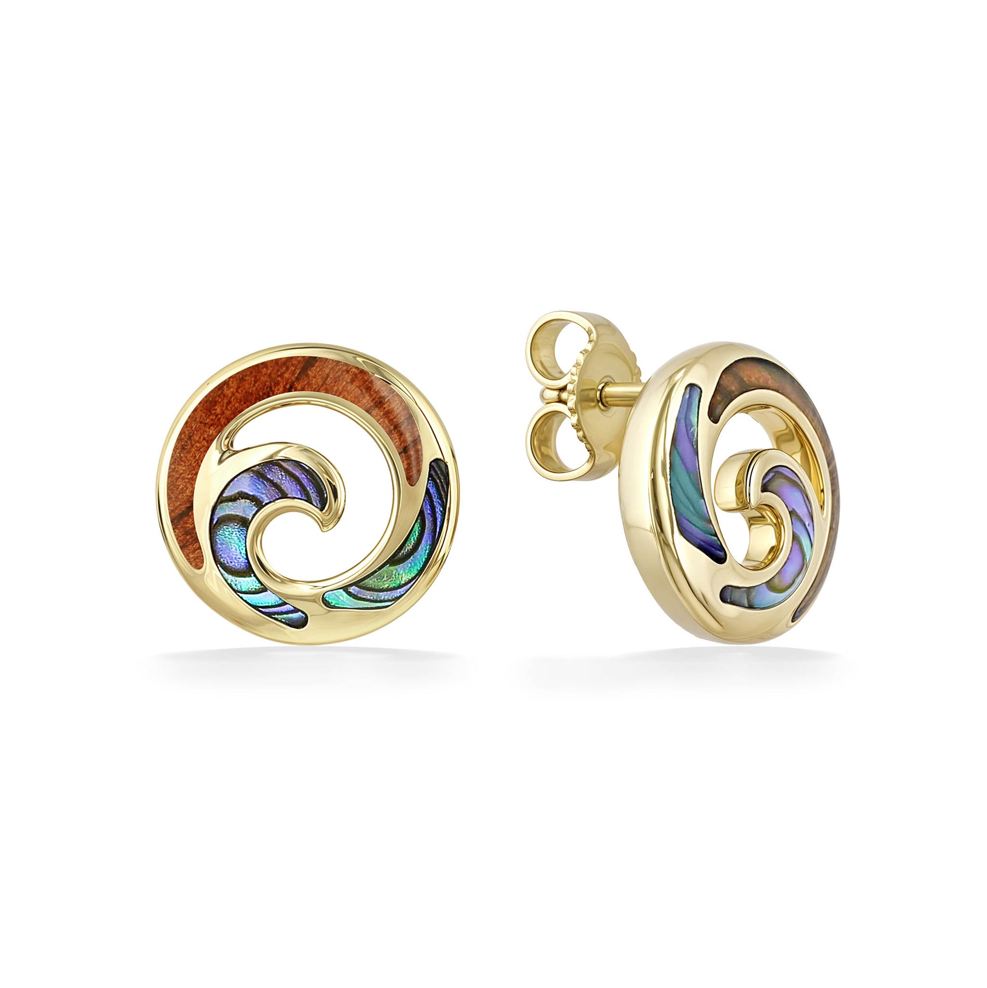 Circle 14k yellow gold wave studs with koa wood & abalone inlay, shown front & side with posts & earnut. Item No. 45286
