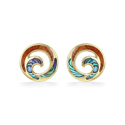 Front view of 14k yellow gold wave circle stud earrings with koa wood and abalone inlay. Item No. 45286