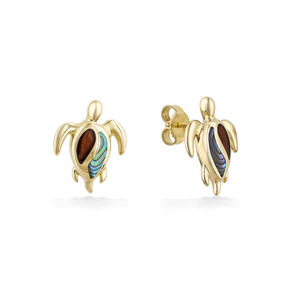 Gold turtle stud earrings with koa wood & abalone inlay, partial view of posts and earnuts. Item No. 45288