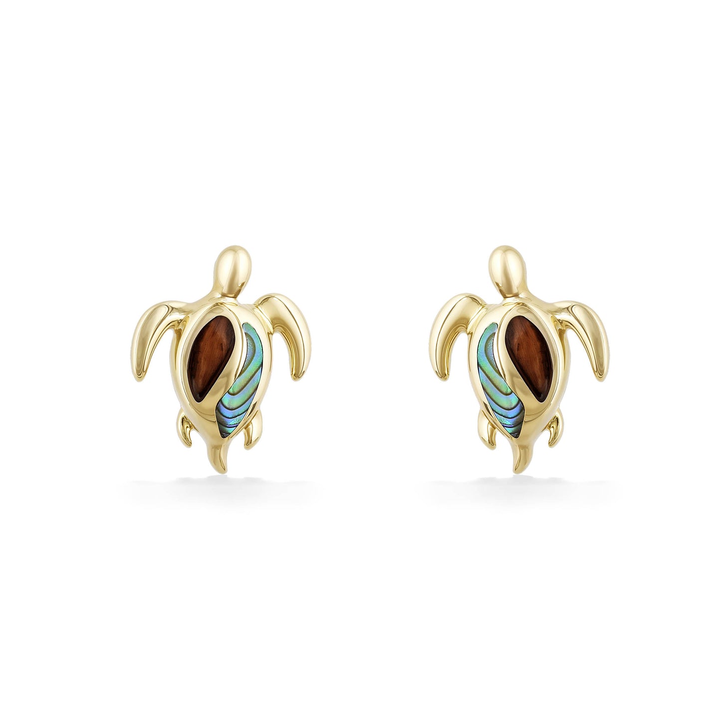 Front view of turtle stud earrings made in 14k yellow gold with koa wood and abalone shell inlay. Item No. 45288