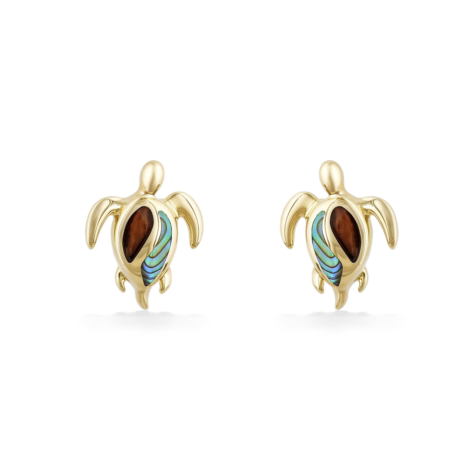 Front view of turtle stud earrings made in 14k yellow gold with koa wood and abalone shell inlay. Item No. 45288