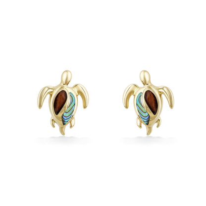 Front view of turtle stud earrings made in 14k yellow gold with koa wood and abalone shell inlay. Item No. 45288