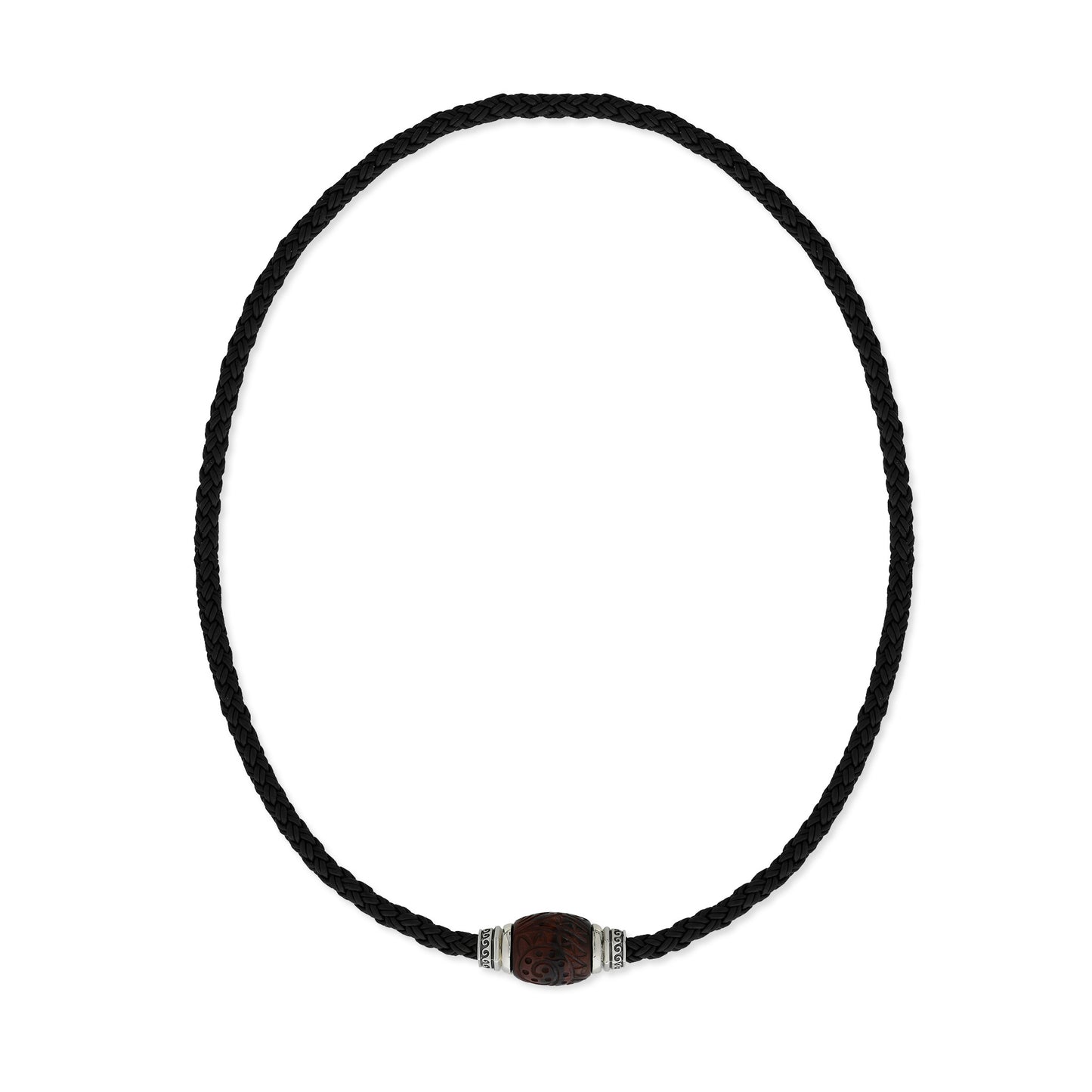Brown braided leather cord necklace featuring carved red tiger eye bead accented with sterling silver pieces. Item No. 45291