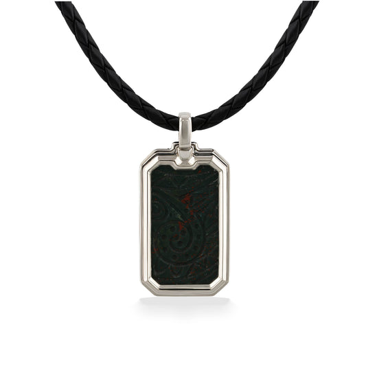 Rectangular pendant with carved bloodstone inlay set in sterling silver hung on a black braided leather cord. Item No. 45292